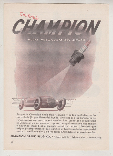 1947 Publicidad Vintage Bujias Champion Spark Plug Company 0
