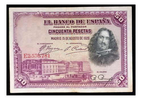 España 50 Pesetas 1928 Serie E Muy Bueno Pick 75b Velázquez 0