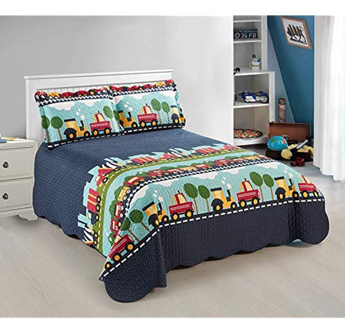 Mk Collection Juego De Colchas Cars Train Boys Azul Oscuro V 0