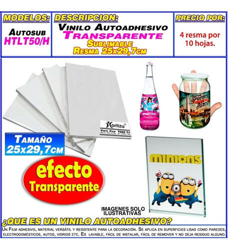 Vinilo Autoadhesivo Transparente Sublimable Resma 10hojas Mo 1