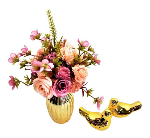Kit Decoração Dourada 2 Pássaros + Vaso + Flores Artificiais 1