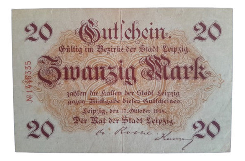 Alemania Billete 20 Mark Año 1918 Leipzig Xf 0