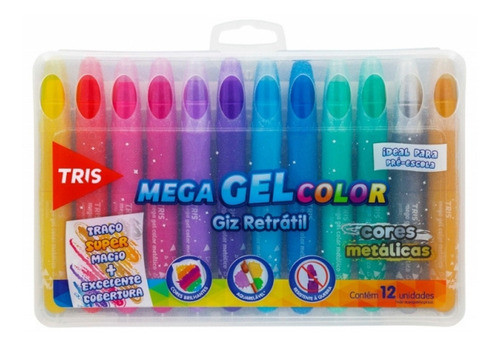 Giz De Cera Metálico 12 Cores Aquarelável Gel Tris Retratil 0