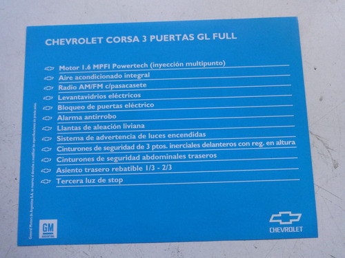 Folleto Agencia Chevrolet Corsa 3 Puertas 1.6 Mpfi Catalogo 1