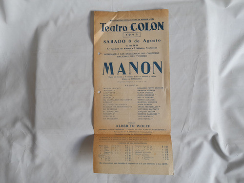 Afiche Teatro Colon 1942, Manon, Alberto Wolff 0