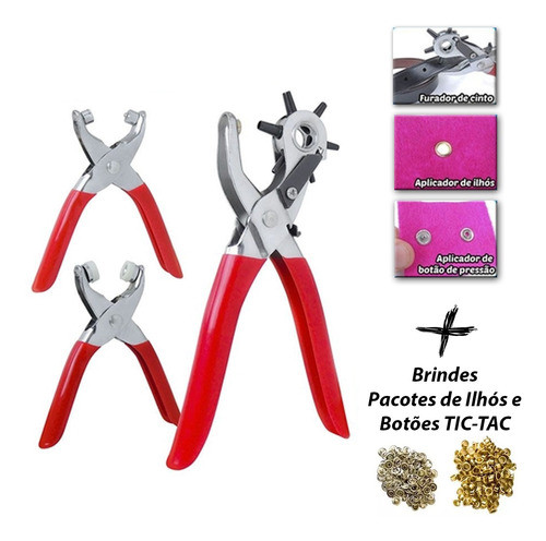 Kit Alicates Aplicador De Ilhós Botões Pressão Furador 0