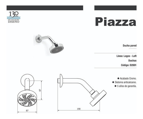 Brazo De Ducha Con Roseta Cromo Piazza Anticalcáreo 90 Mm 1