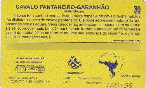 Cartão Telefônico Telemat - Cavalo Pantaneiro - Bm2 1