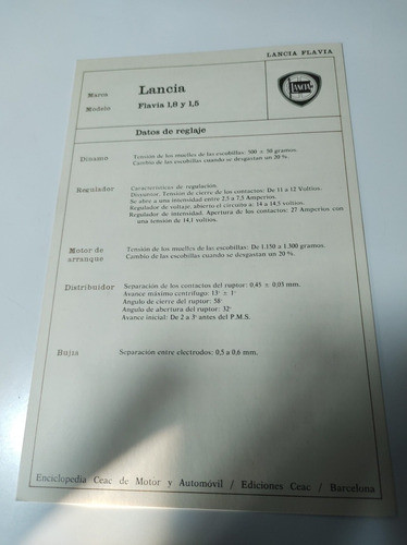 Lancia Flavia 1,8 Y 1,5 Ficha Técnica Sistema Eléctrico 0