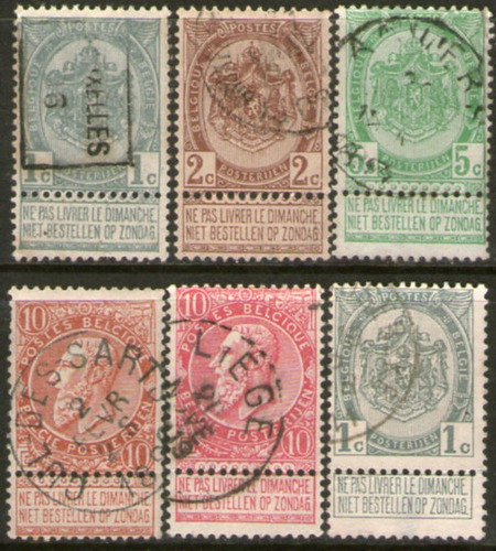 Bélgica 6 Antiguos Sellos Usados Con Bandeletas Años 1893-07 0