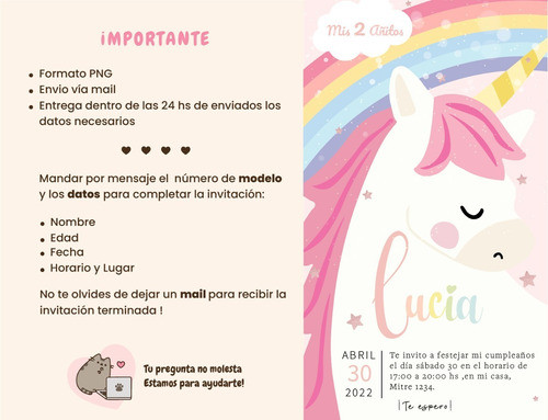 Invitación De Cumpleaños Unicornio Rosa Y Arcoiris - Digital 1