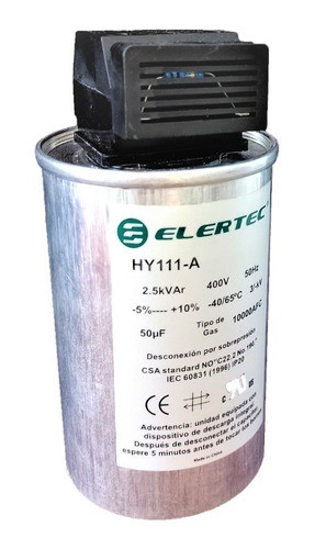 Capacitor Monofasico Elertec 2,5 Kvar 400v 50 Uf 0