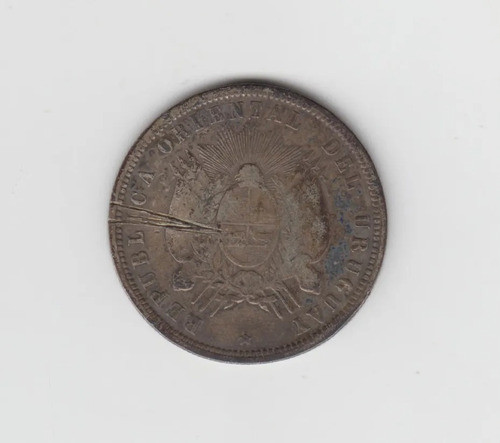 Moneda Uruguay 50 Centesimos 1877 Plata Bueno Rayas Anverso 1