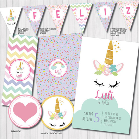 Kit Imprimible Personalizado Unicornio Candy Deco Invitacion 1