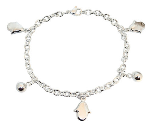 Pulsera Acero Blanco Con Dije Manito De Fátima Y Bolitas 0