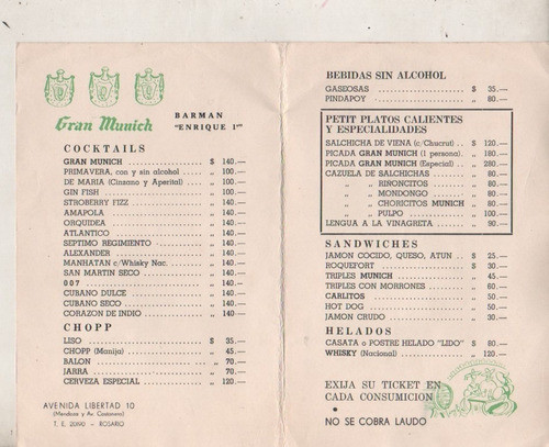 Folleto * Cerveceria Gran Munich * Rosario Años 60 1