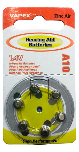 Pila A10 Audífono Audilogía 1.4v Vapex Blister X 6 U 0