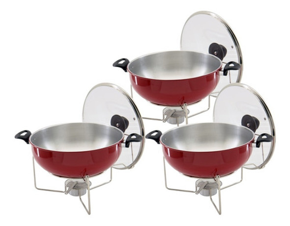 03 Rechaud Vermelho A Álcool Com Tampa De Vidro 6,5l 0