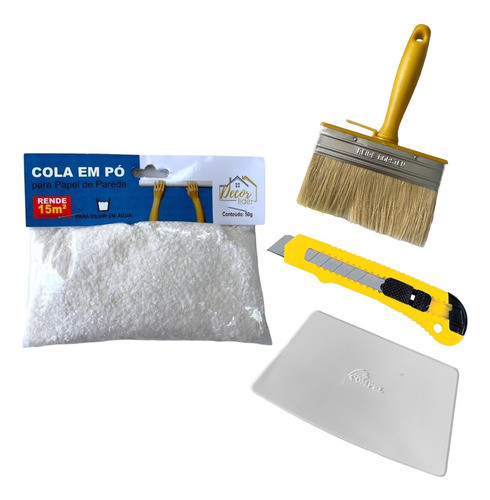 Kit Aplicação Papel De Parede Cola Espátula Estilete Broxa 0