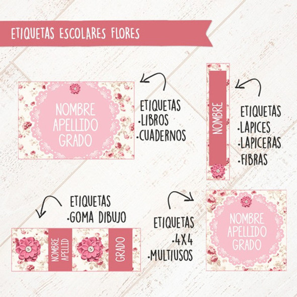 Etiquetas Escolares Flores - Textos Editables 1