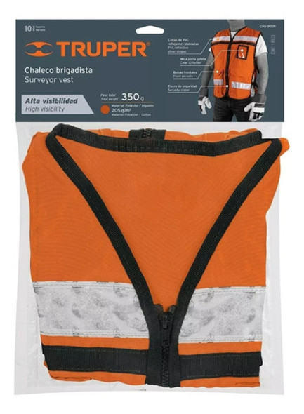 Chaleco Brigadista Reforzado Naranja Cint/refl 5bols Truper 1