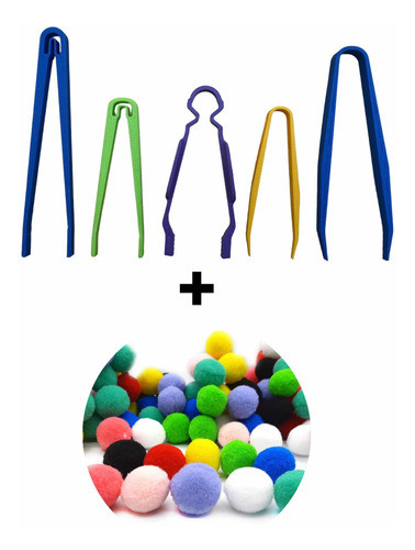 Kit 4 Pinzas Juego Motricidad Fina + 48 Pompones Felpa 0