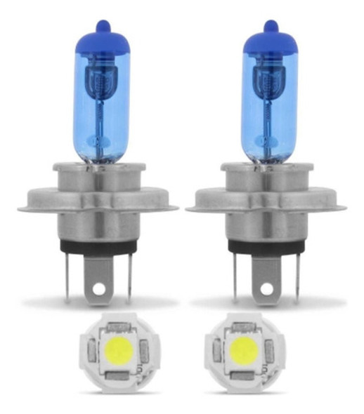 4 Lampadas Super Branca H4 + 1 Par De Led Pingo Meia Luz 0