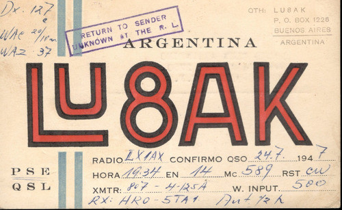 Tarjeta Qsl - De Lu8ak A Lx1ax (año 1947) - Return To Sender 0