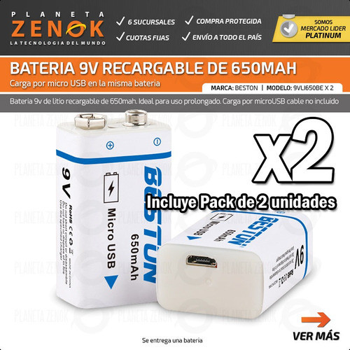 Bateria 9v Recargable 650mah Beston Usb Pack De 2 Unidades 1