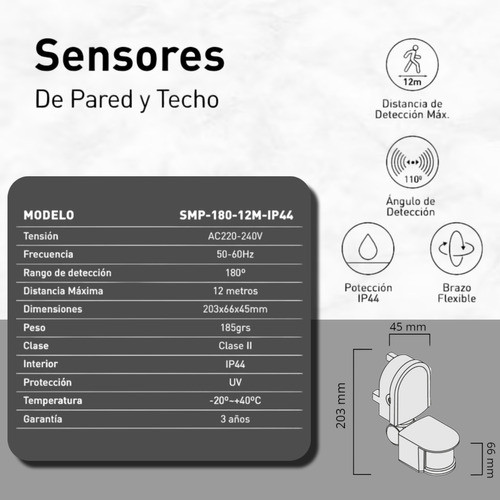 Sensor De Movimiento 12mt 180° Pared Macroled Ip44 Blanco 1