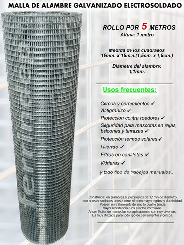 Tejido Metal Electrosoldado 15x15mm 1mt 5mts Malla Alambre 1