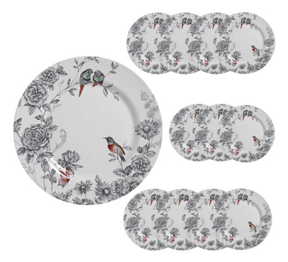 12 Pratos Raso De Cerâmica 29cm Volare Pássaros Alleanza 0 12 Pratos Raso De Cerâmica 29cm Volare Pássaros Alleanza 0