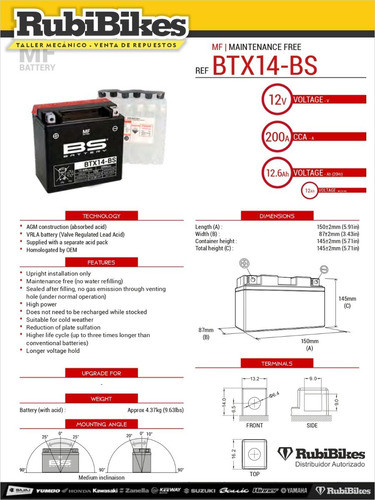 Batería Para Motos Bmw Btx14-bs Marca Bs Francia 1