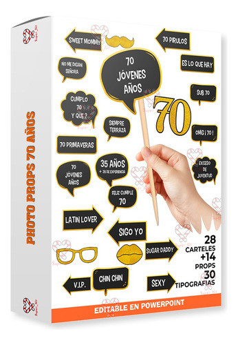 Kit Imprimible Photo Props 70 Años Carteles Editables Selfie 0