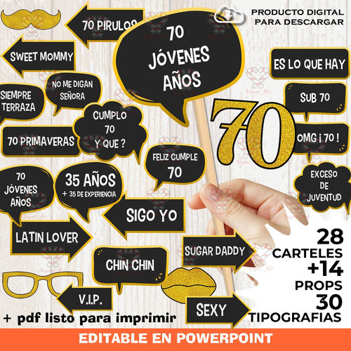 Kit Imprimible Photo Props 70 Años Carteles Editables Selfie 1