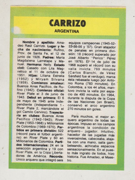 Futbol Argentina Amadeo Carrizo Tarjeta 1974 Coleccionables 1