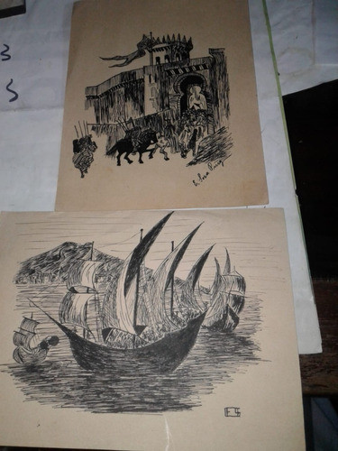 Antiguos Dibujos Tinta E Sosa Puig Castillo Barco Caballeria 0