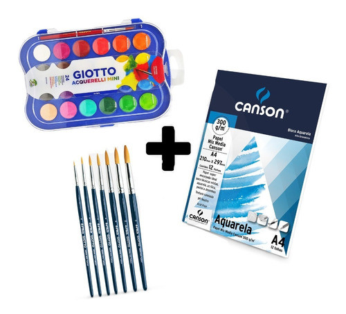 Kit Aquarela 24 Cores + Bloco A4 12fls + Kit De Pincel 7 0