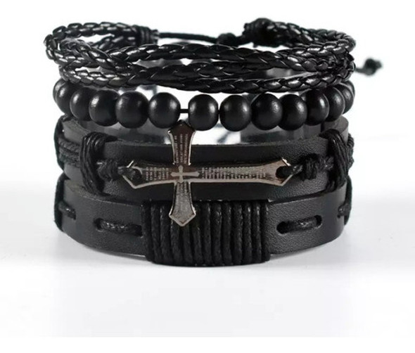 Conjunto 4 Pulseras Cuero Genuino Dije Cruz Crucifijo 0