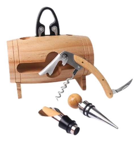 Set De Accesorios Para Vino 6pzs En Estuche De Madera Barril 1