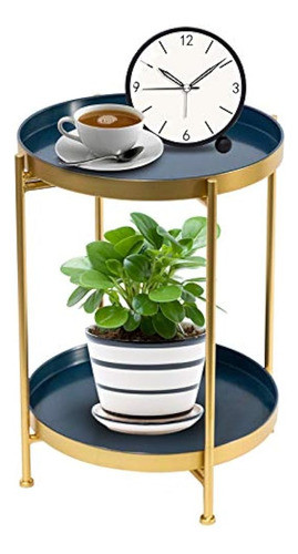 Mesa Auxiliar Dorada, Mesa Auxiliar Redonda Con 2 Bandejas E 0