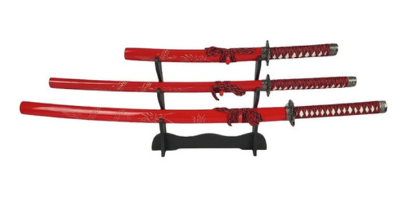 Kit 3 Espadas Katana Samurai Red Dragon Suporte De Mesa Luxo 0