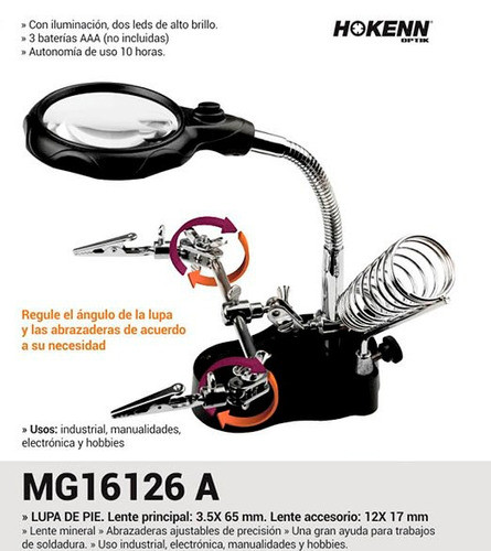 Lupa Hokenn Mg16126a Electronica Soldador Y Pinzas Luz Led 1