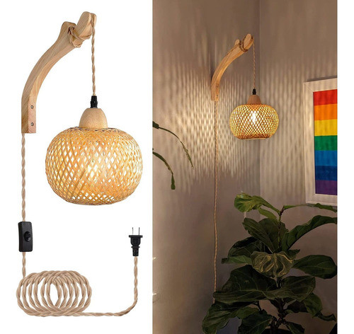 Frideko - Lámpara De Pared De Mimbre Con Cable De Enchufe,. 0