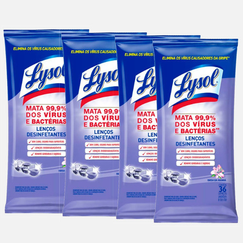 Kit 4 Lenços De Limpeza Lysol Brisa Da Manhã Roxo Mata Covid 0