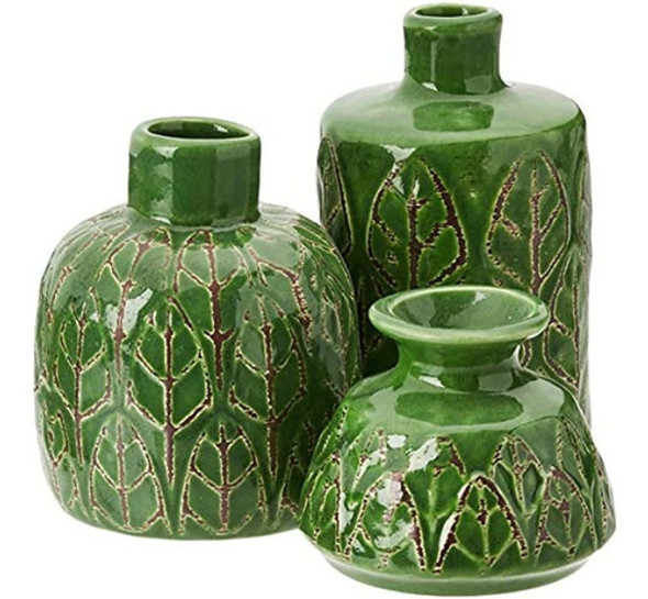 Jarrones De Gres Verde En Relieve Creative Co-op (juego De 3 0