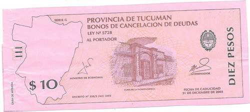 Prueba En Rosa Billete Bono De Tucuman De 10 Pesos Año 1999 0