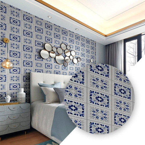 Papel De Parede Adesivo Pvc Estampa Azulejo Azul 5m X 45cm 0