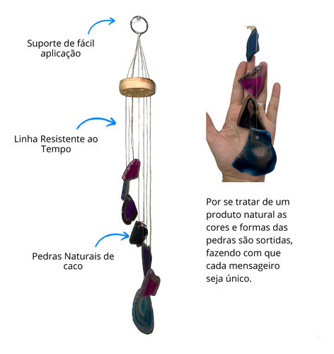 Mensageiro Sino Dos Ventos Móbile Ágata Colorida 7 Pedras 1