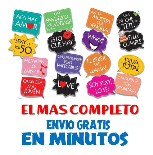 Kit Photo Booth Cumpleaños Cumple 50 Frases Y Props Completo 1